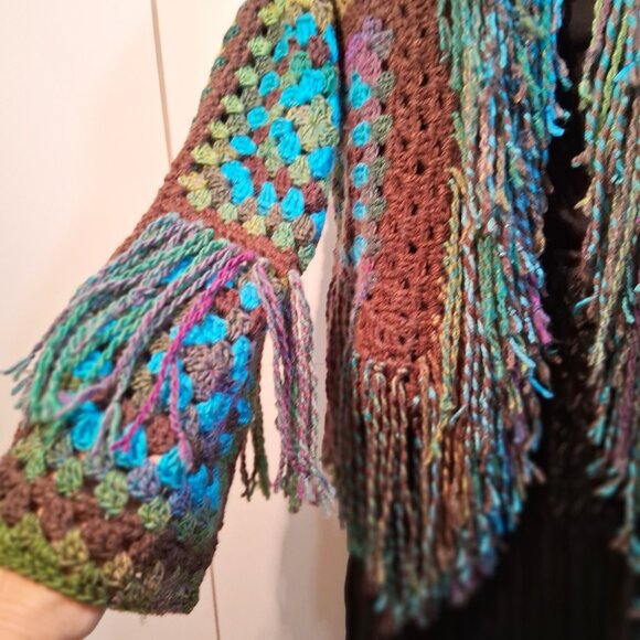 My Fairy Forrest Brown Green Turquoise Granny Square Super Fringe Sweater L/XL - Picture 8 of 16